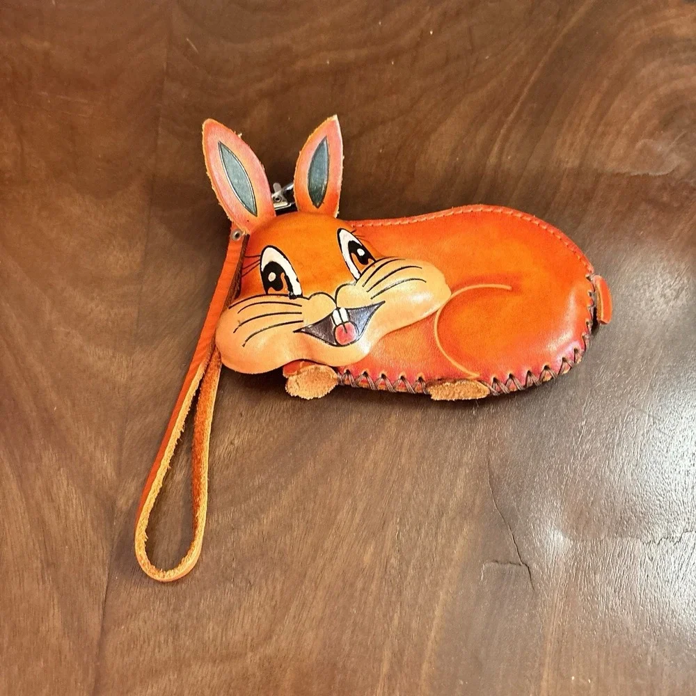 Handmade Leather Bunny Coin Purse Wristlet 3D‎ Rabbit Wallet
